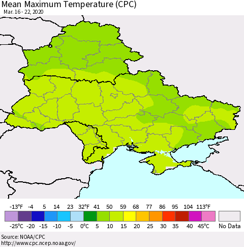 Ukraine, Moldova and Belarus Mean Maximum Temperature (CPC) Thematic Map For 3/16/2020 - 3/22/2020