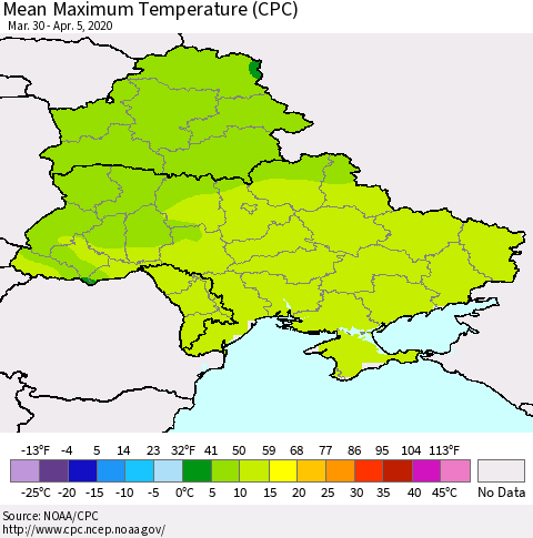 Ukraine, Moldova and Belarus Mean Maximum Temperature (CPC) Thematic Map For 3/30/2020 - 4/5/2020
