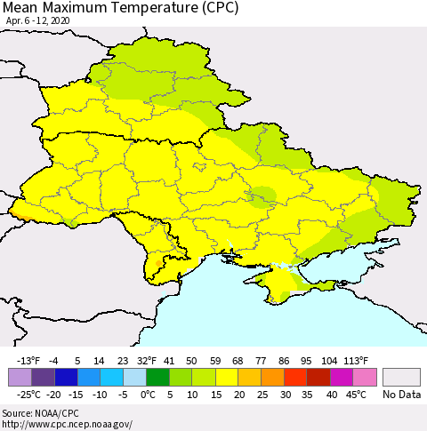 Ukraine, Moldova and Belarus Maximum Temperature (CPC) Thematic Map For 4/6/2020 - 4/12/2020