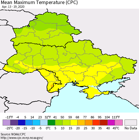 Ukraine, Moldova and Belarus Maximum Temperature (CPC) Thematic Map For 4/13/2020 - 4/19/2020