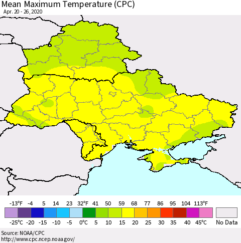 Ukraine, Moldova and Belarus Maximum Temperature (CPC) Thematic Map For 4/20/2020 - 4/26/2020