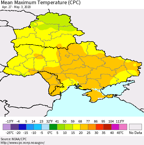 Ukraine, Moldova and Belarus Maximum Temperature (CPC) Thematic Map For 4/27/2020 - 5/3/2020
