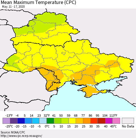 Ukraine, Moldova and Belarus Mean Maximum Temperature (CPC) Thematic Map For 5/11/2020 - 5/17/2020