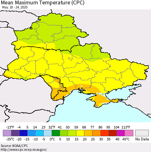 Ukraine, Moldova and Belarus Mean Maximum Temperature (CPC) Thematic Map For 5/18/2020 - 5/24/2020