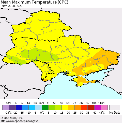Ukraine, Moldova and Belarus Mean Maximum Temperature (CPC) Thematic Map For 5/25/2020 - 5/31/2020