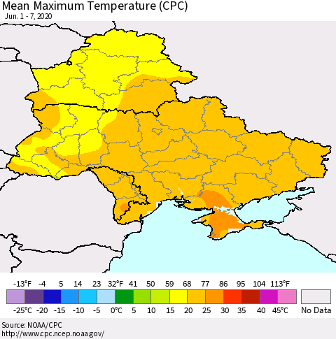 Ukraine, Moldova and Belarus Mean Maximum Temperature (CPC) Thematic Map For 6/1/2020 - 6/7/2020