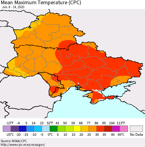 Ukraine, Moldova and Belarus Maximum Temperature (CPC) Thematic Map For 6/8/2020 - 6/14/2020