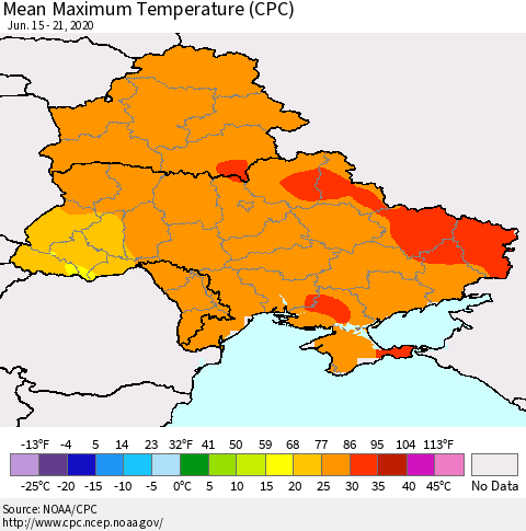 Ukraine, Moldova and Belarus Mean Maximum Temperature (CPC) Thematic Map For 6/15/2020 - 6/21/2020