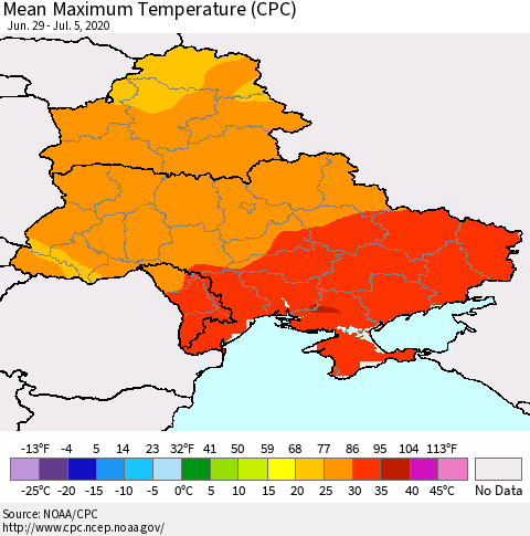 Ukraine, Moldova and Belarus Maximum Temperature (CPC) Thematic Map For 6/29/2020 - 7/5/2020