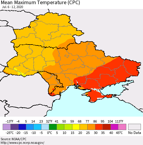 Ukraine, Moldova and Belarus Maximum Temperature (CPC) Thematic Map For 7/6/2020 - 7/12/2020