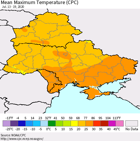 Ukraine, Moldova and Belarus Mean Maximum Temperature (CPC) Thematic Map For 7/13/2020 - 7/19/2020