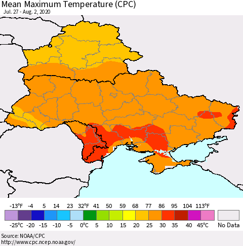Ukraine, Moldova and Belarus Maximum Temperature (CPC) Thematic Map For 7/27/2020 - 8/2/2020