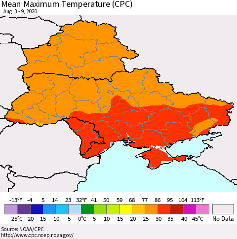 Ukraine, Moldova and Belarus Maximum Temperature (CPC) Thematic Map For 8/3/2020 - 8/9/2020