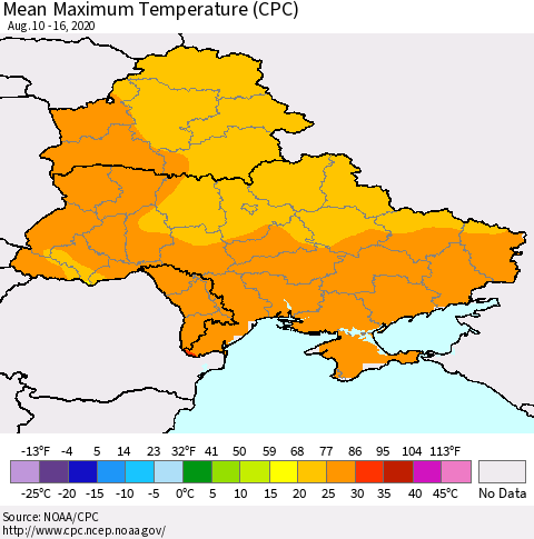 Ukraine, Moldova and Belarus Mean Maximum Temperature (CPC) Thematic Map For 8/10/2020 - 8/16/2020
