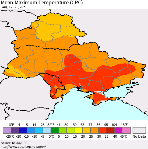 Ukraine, Moldova and Belarus Maximum Temperature (CPC) Thematic Map For 8/17/2020 - 8/23/2020