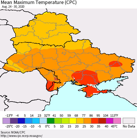 Ukraine, Moldova and Belarus Maximum Temperature (CPC) Thematic Map For 8/24/2020 - 8/30/2020
