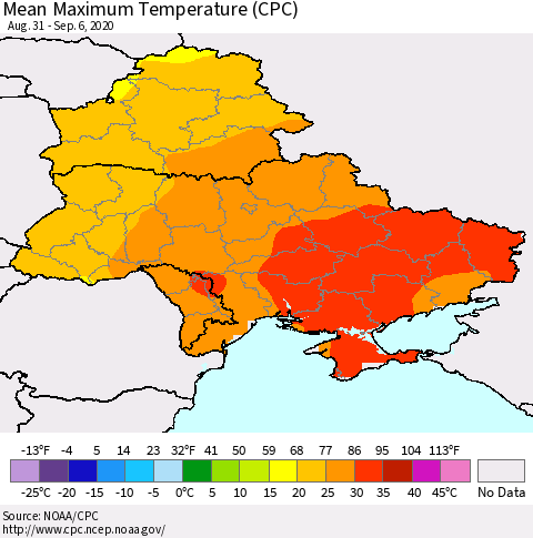 Ukraine, Moldova and Belarus Maximum Temperature (CPC) Thematic Map For 8/31/2020 - 9/6/2020