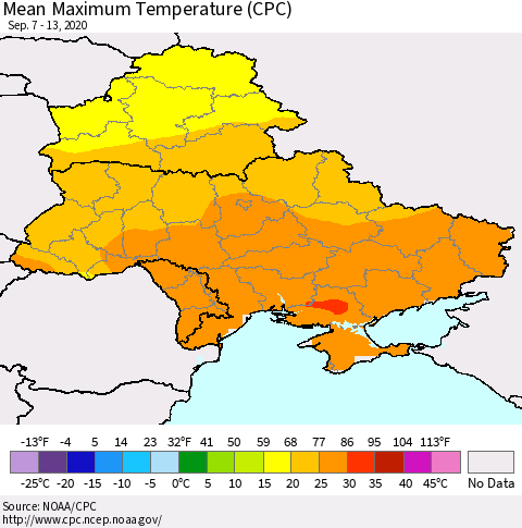 Ukraine, Moldova and Belarus Maximum Temperature (CPC) Thematic Map For 9/7/2020 - 9/13/2020