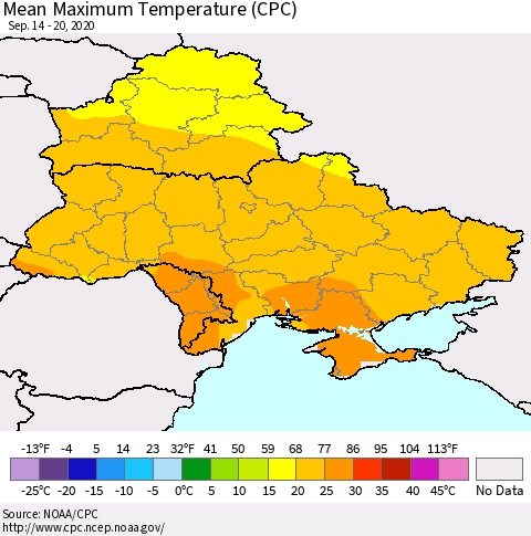 Ukraine, Moldova and Belarus Mean Maximum Temperature (CPC) Thematic Map For 9/14/2020 - 9/20/2020