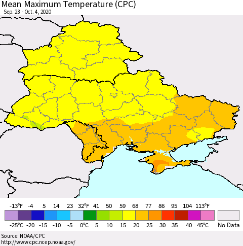 Ukraine, Moldova and Belarus Mean Maximum Temperature (CPC) Thematic Map For 9/28/2020 - 10/4/2020