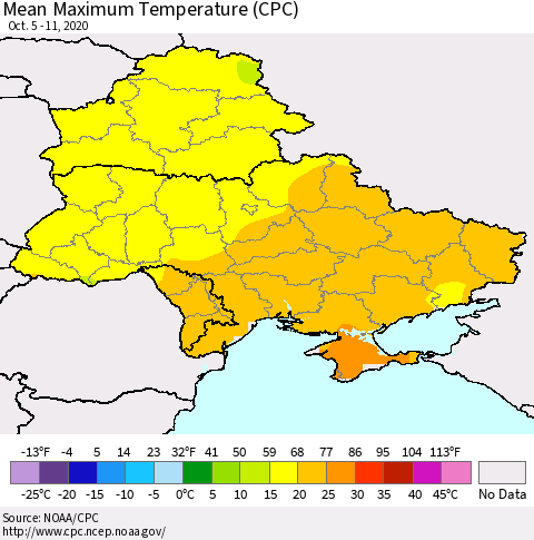 Ukraine, Moldova and Belarus Maximum Temperature (CPC) Thematic Map For 10/5/2020 - 10/11/2020