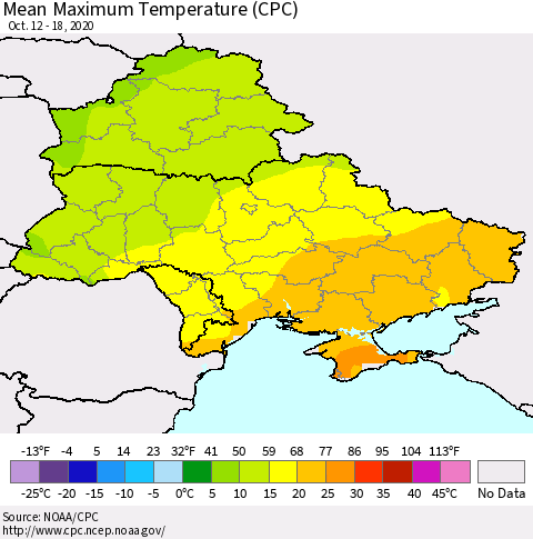 Ukraine, Moldova and Belarus Maximum Temperature (CPC) Thematic Map For 10/12/2020 - 10/18/2020