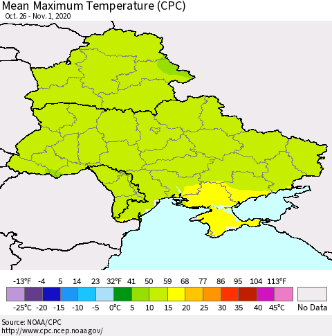 Ukraine, Moldova and Belarus Maximum Temperature (CPC) Thematic Map For 10/26/2020 - 11/1/2020