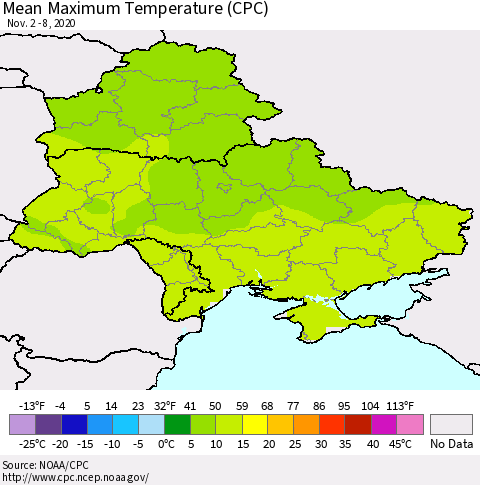 Ukraine, Moldova and Belarus Maximum Temperature (CPC) Thematic Map For 11/2/2020 - 11/8/2020