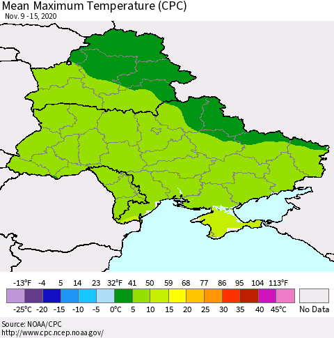 Ukraine, Moldova and Belarus Maximum Temperature (CPC) Thematic Map For 11/9/2020 - 11/15/2020