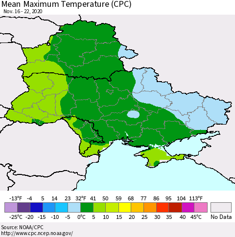 Ukraine, Moldova and Belarus Maximum Temperature (CPC) Thematic Map For 11/16/2020 - 11/22/2020