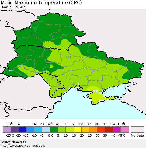 Ukraine, Moldova and Belarus Maximum Temperature (CPC) Thematic Map For 11/23/2020 - 11/29/2020