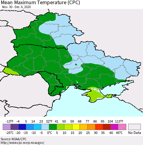 Ukraine, Moldova and Belarus Maximum Temperature (CPC) Thematic Map For 11/30/2020 - 12/6/2020