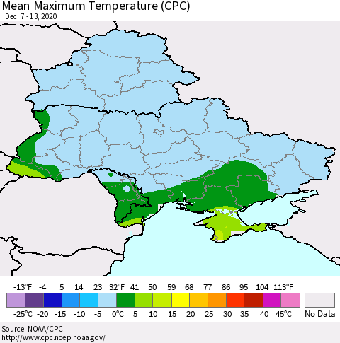Ukraine, Moldova and Belarus Maximum Temperature (CPC) Thematic Map For 12/7/2020 - 12/13/2020