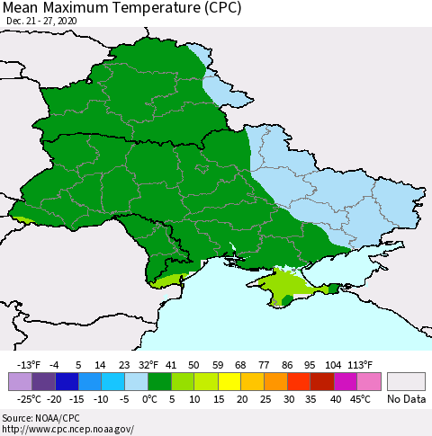 Ukraine, Moldova and Belarus Mean Maximum Temperature (CPC) Thematic Map For 12/21/2020 - 12/27/2020