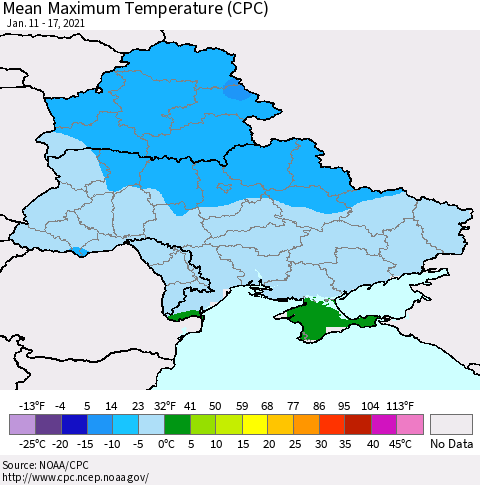 Ukraine, Moldova and Belarus Mean Maximum Temperature (CPC) Thematic Map For 1/11/2021 - 1/17/2021