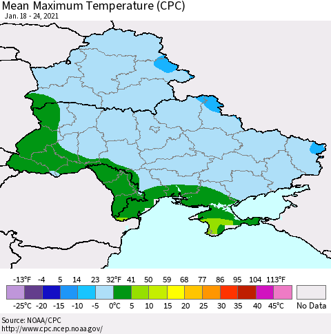 Ukraine, Moldova and Belarus Mean Maximum Temperature (CPC) Thematic Map For 1/18/2021 - 1/24/2021