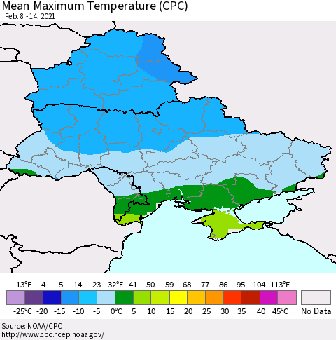 Ukraine, Moldova and Belarus Maximum Temperature (CPC) Thematic Map For 2/8/2021 - 2/14/2021