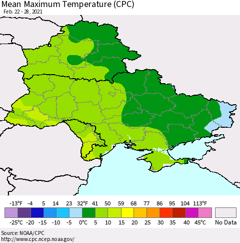 Ukraine, Moldova and Belarus Maximum Temperature (CPC) Thematic Map For 2/22/2021 - 2/28/2021