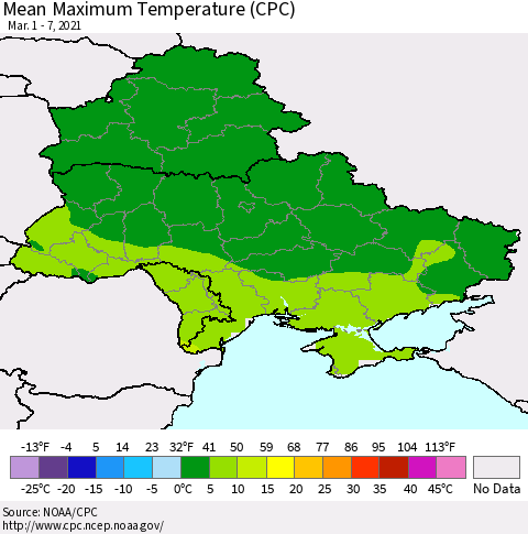 Ukraine, Moldova and Belarus Maximum Temperature (CPC) Thematic Map For 3/1/2021 - 3/7/2021