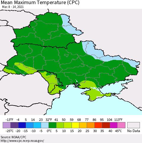 Ukraine, Moldova and Belarus Maximum Temperature (CPC) Thematic Map For 3/8/2021 - 3/14/2021