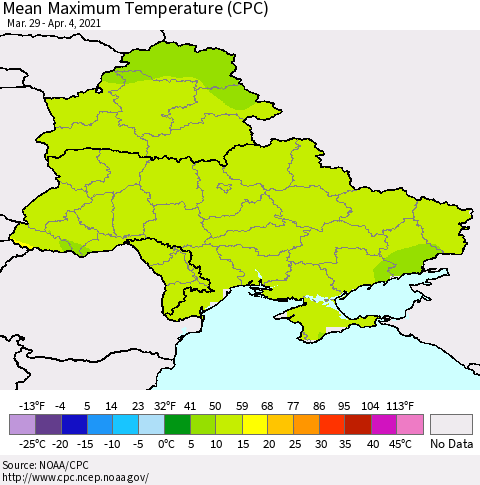 Ukraine, Moldova and Belarus Maximum Temperature (CPC) Thematic Map For 3/29/2021 - 4/4/2021