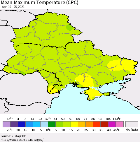 Ukraine, Moldova and Belarus Mean Maximum Temperature (CPC) Thematic Map For 4/19/2021 - 4/25/2021
