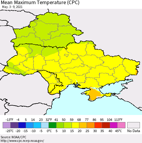 Ukraine, Moldova and Belarus Mean Maximum Temperature (CPC) Thematic Map For 5/3/2021 - 5/9/2021