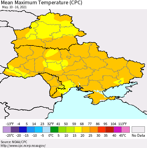 Ukraine, Moldova and Belarus Mean Maximum Temperature (CPC) Thematic Map For 5/10/2021 - 5/16/2021
