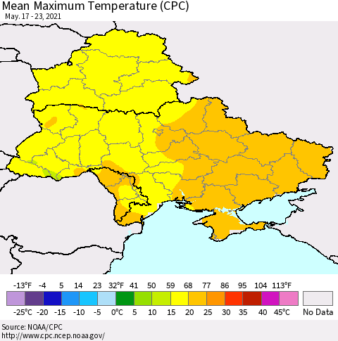 Ukraine, Moldova and Belarus Mean Maximum Temperature (CPC) Thematic Map For 5/17/2021 - 5/23/2021