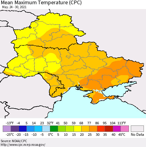 Ukraine, Moldova and Belarus Maximum Temperature (CPC) Thematic Map For 5/24/2021 - 5/30/2021
