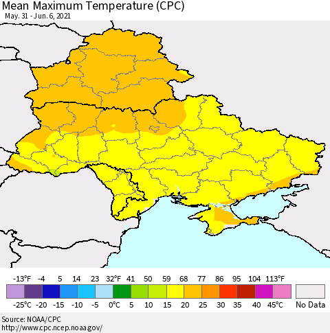 Ukraine, Moldova and Belarus Mean Maximum Temperature (CPC) Thematic Map For 5/31/2021 - 6/6/2021
