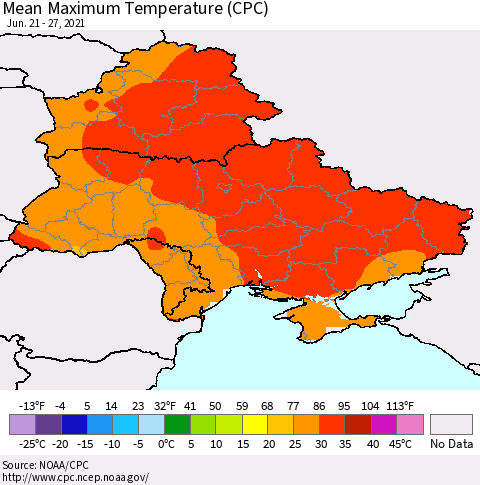 Ukraine, Moldova and Belarus Mean Maximum Temperature (CPC) Thematic Map For 6/21/2021 - 6/27/2021