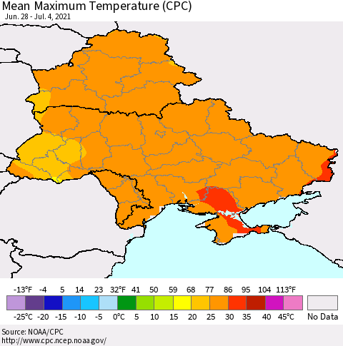 Ukraine, Moldova and Belarus Mean Maximum Temperature (CPC) Thematic Map For 6/28/2021 - 7/4/2021