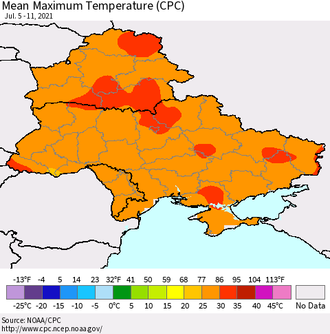 Ukraine, Moldova and Belarus Maximum Temperature (CPC) Thematic Map For 7/5/2021 - 7/11/2021